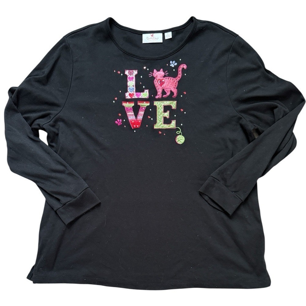 Quacker Factory Black "LOVE" Cat Top - Embroidered Rhinestone - Size L